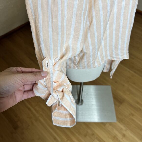 3/$30 Lola River Shirt Size Large Orange White Striped Tie Front Tencel Linen - Picture 9 of 11